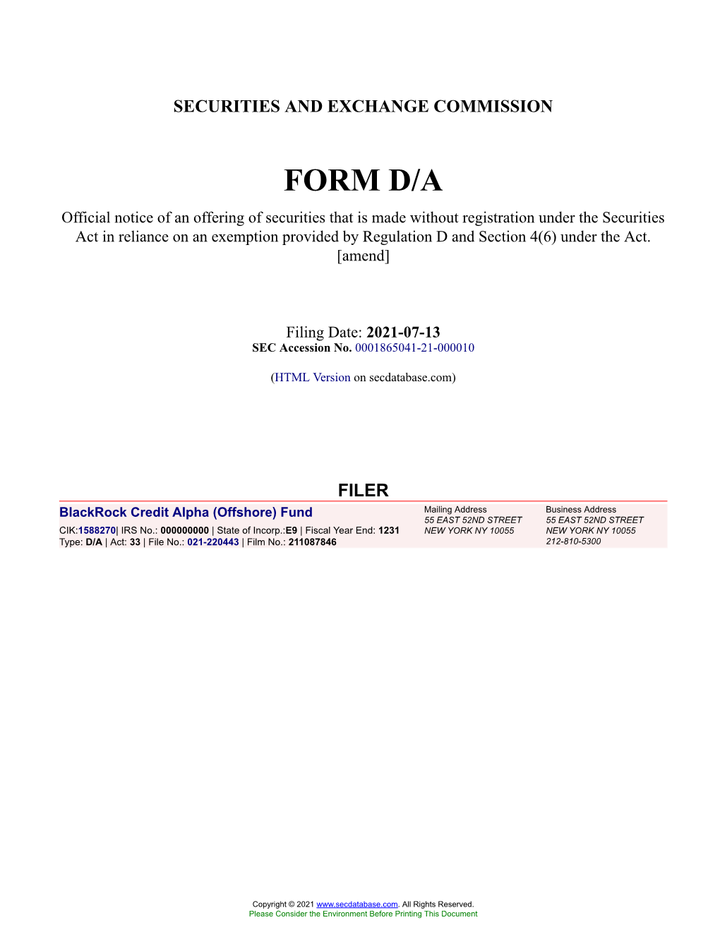Blackrock Credit Alpha (Offshore) Fund Form D/A Filed 2021-07-13