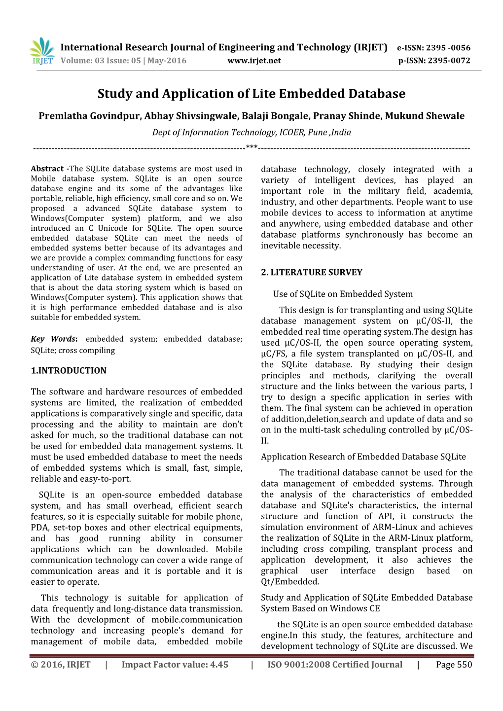 Study and Application of Lite Embedded Database