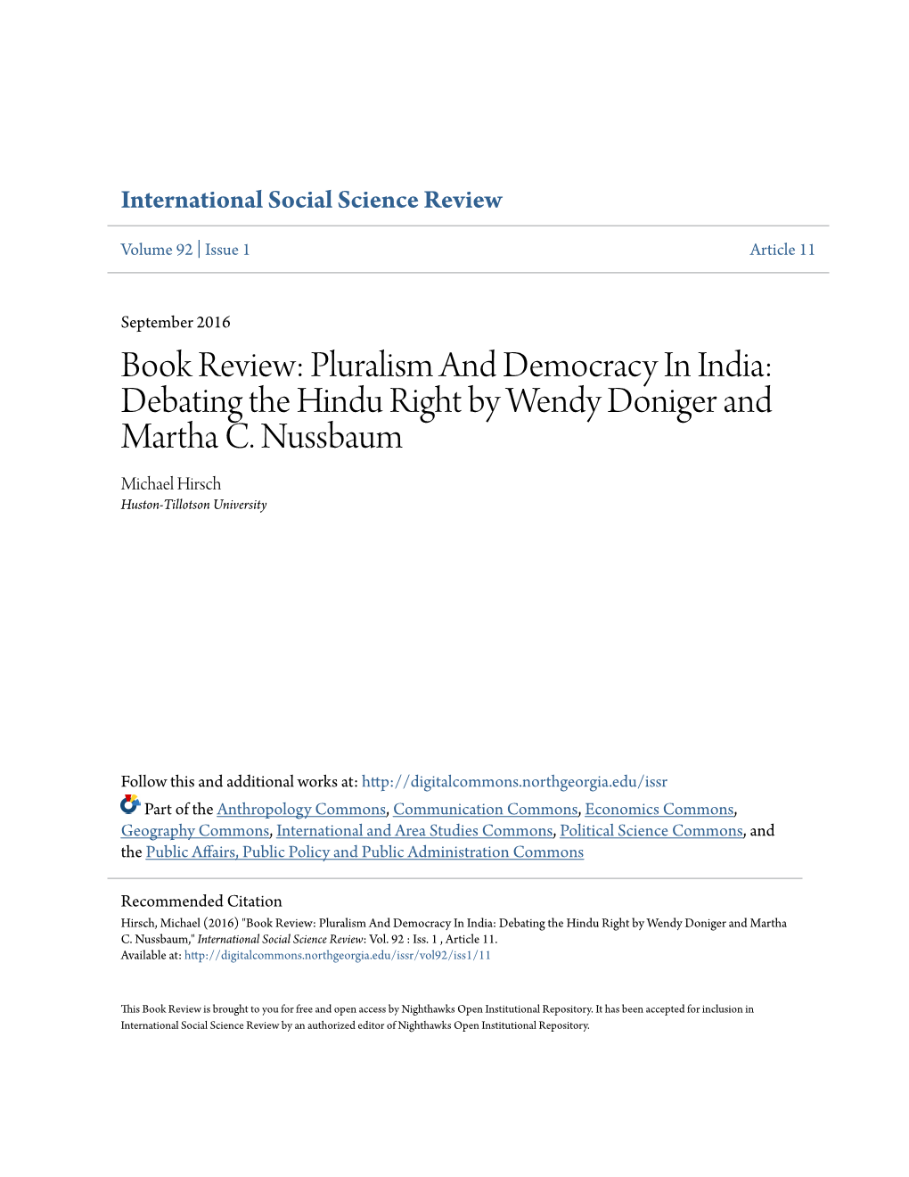 Pluralism and Democracy in India: Debating the Hindu Right by Wendy Doniger and Martha C
