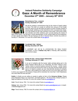 Ireland Palestine Solidarity Campaign Gaza: a Month of Remembrance December 27Th 2009 – January 30Th 2010