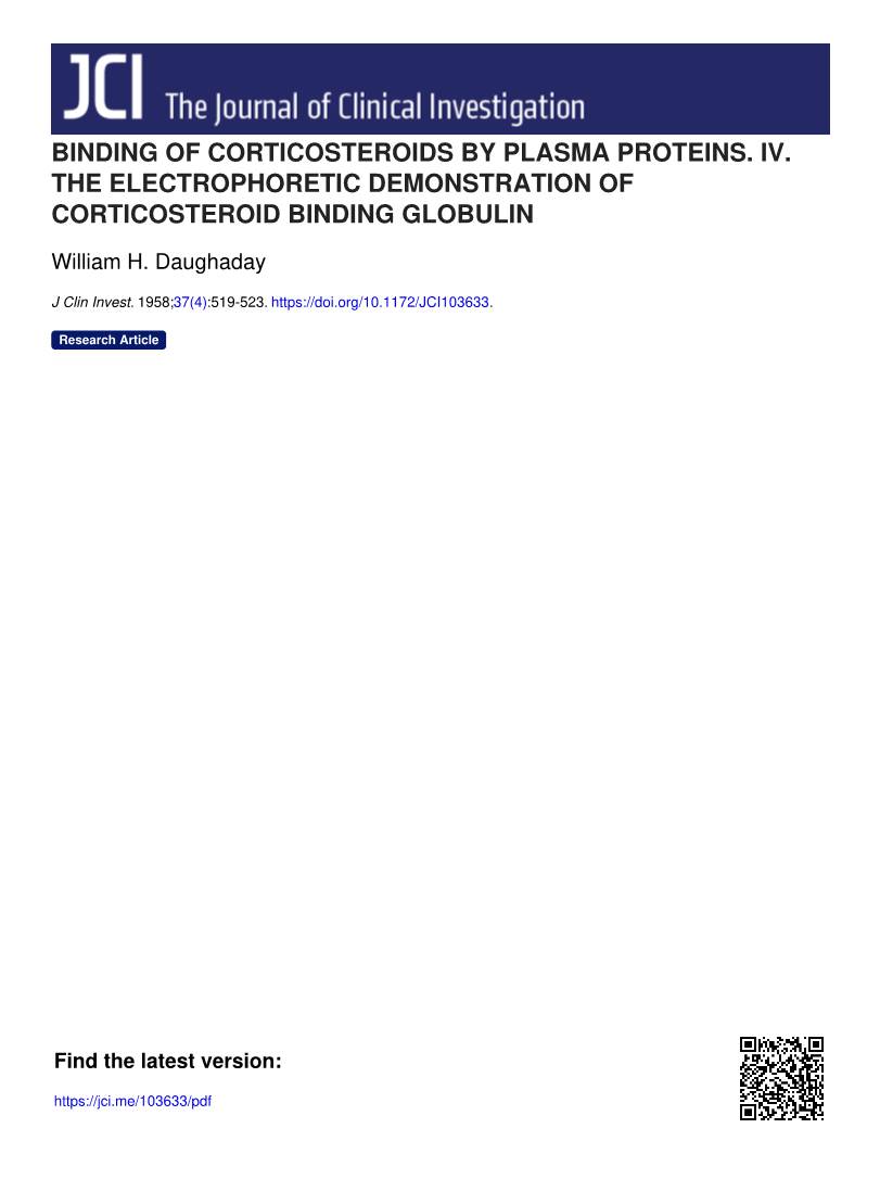 Binding of Corticosteroids by Plasma Proteins. Iv. the Electrophoretic Demonstration of Corticosteroid Binding Globulin