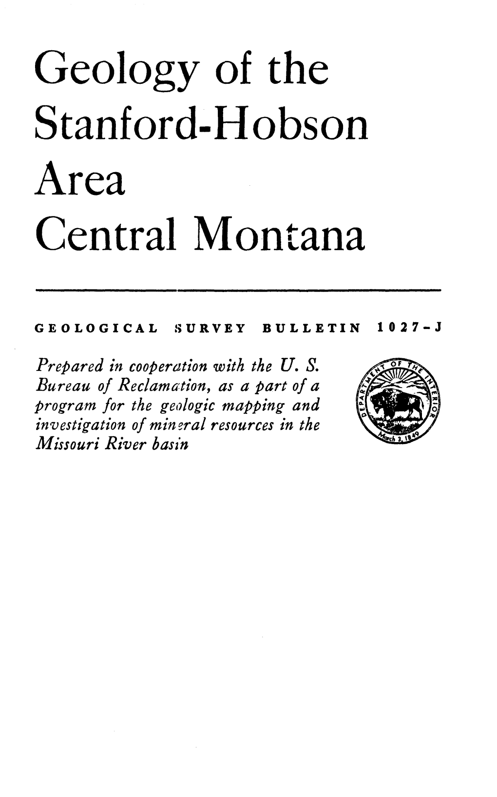 Geology of the Stanford-Hobson Area Central Montana