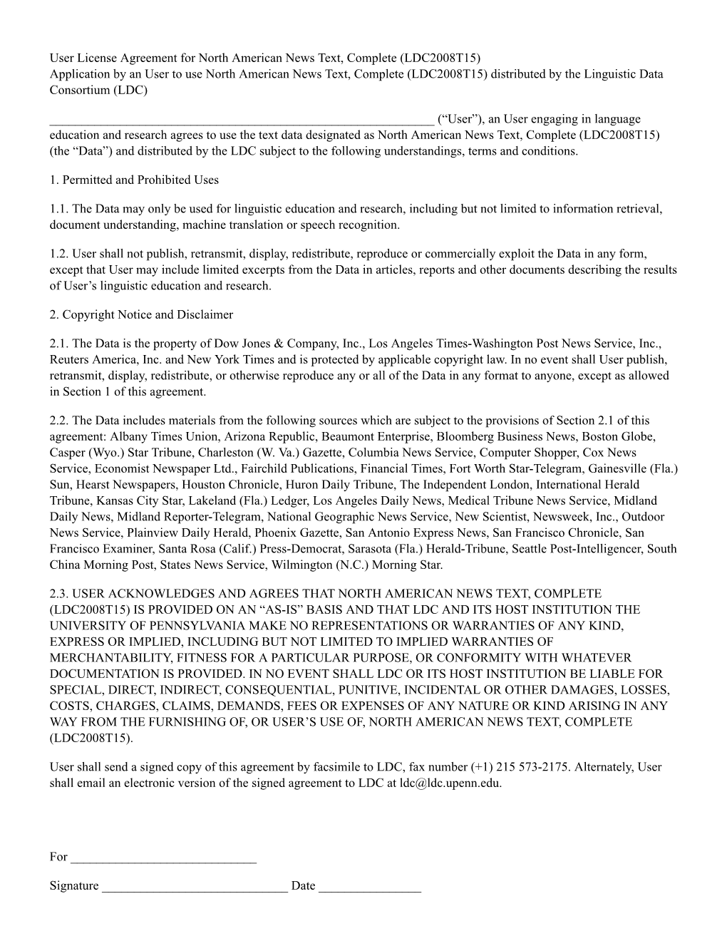 User License Agreement for North American News Text, Complete