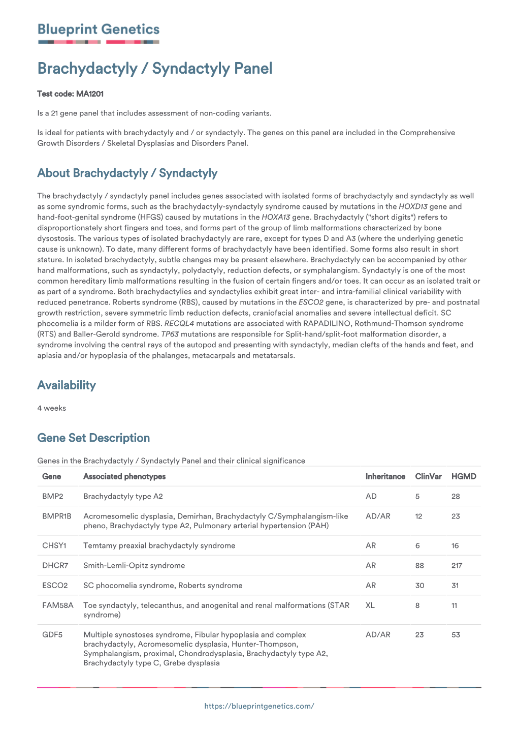 Blueprint Genetics Brachydactyly / Syndactyly Panel