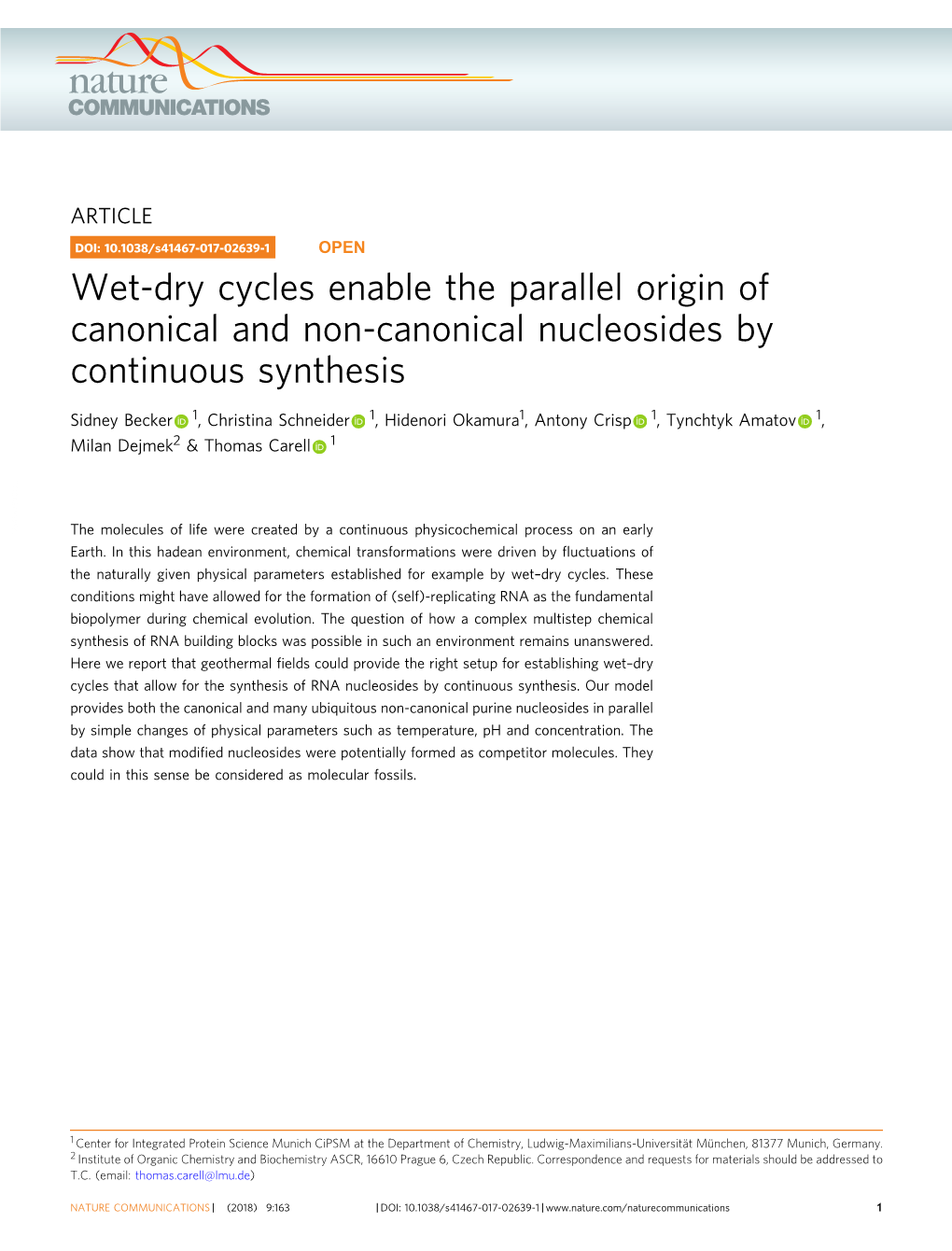 Wet-Dry Cycles Enable the Parallel Origin of Canonical and Non-Canonical Nucleosides by Continuous Synthesis