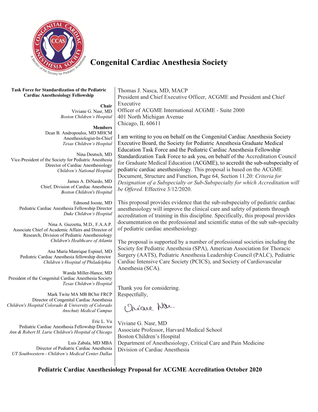 Pediatric Cardiac Anesthesiology Proposal for ACGME Accreditation October 2020 Pediatric Cardiac Anesthesiology Proposal October 2020 Introduction