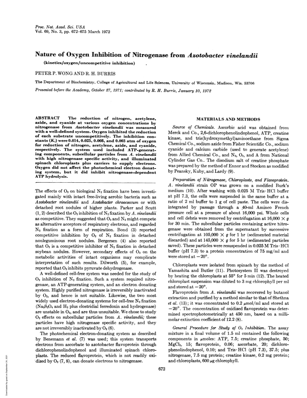 Nature of Oxygen Inhibition of Nitrogenase from Azotobacter Vinelandii (Kinetics/Oxygen/Uncompetitive Inhibition)