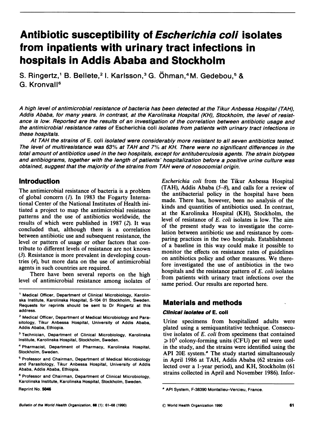 Antibiotic Susceptibility of Escherichia Coil Isolates from Inpatients with Urinary Tract Infections in Hospitals in Addis Ababa and Stockholm S