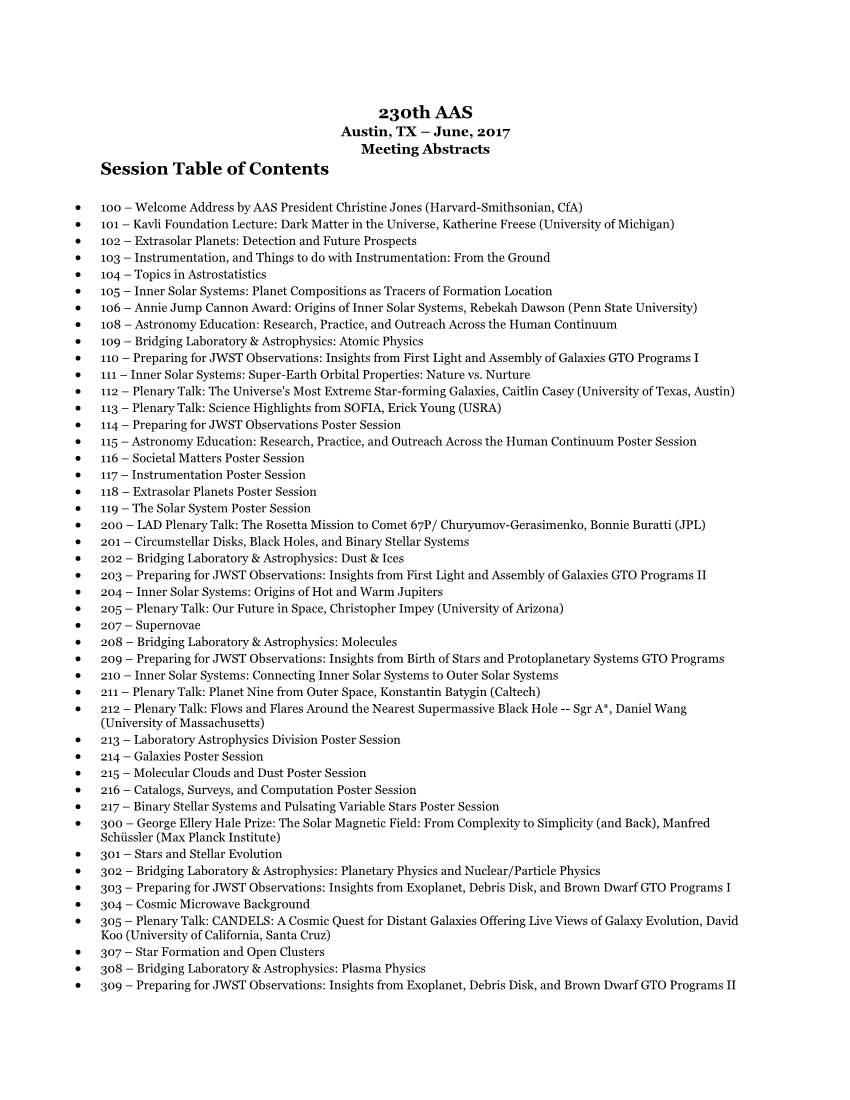230Th AAS Session Table of Contents