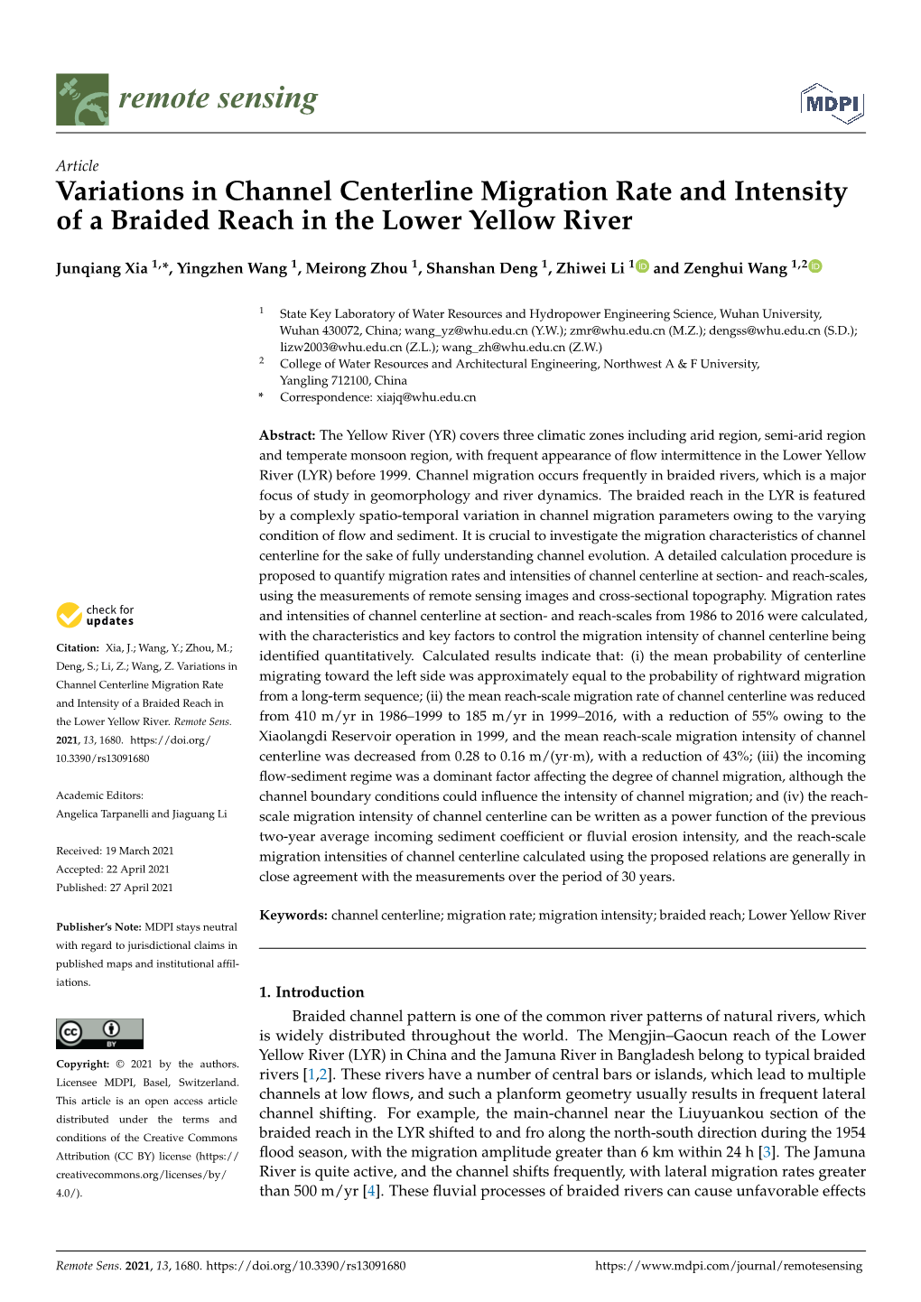 Variations in Channel Centerline Migration Rate and Intensity of a Braided Reach in the Lower Yellow River