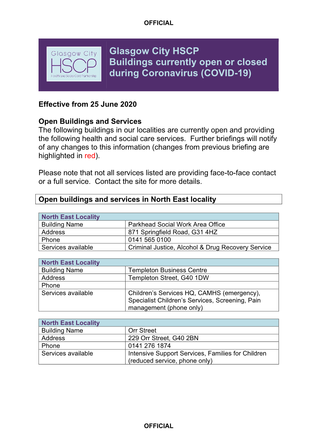 Glasgow City HSCP Buildings Currently Open Or Closed During Coronavirus (COVID-19)