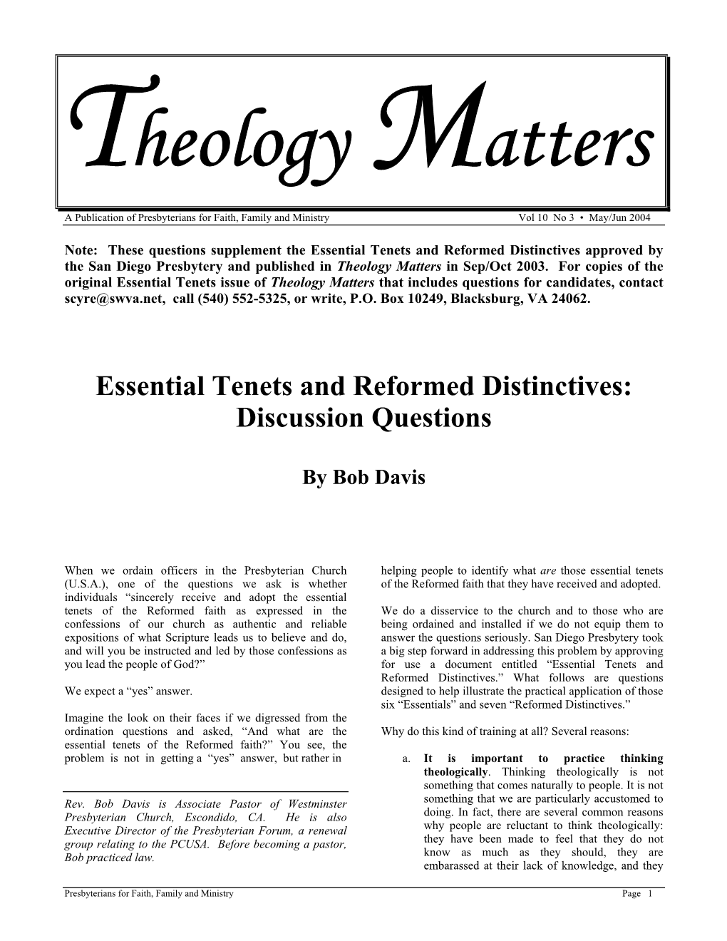 Essential Tenets and Reformed Distinctives: Discussion Questions