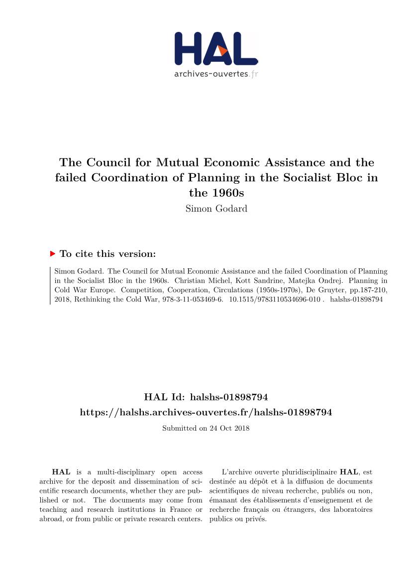 The Council for Mutual Economic Assistance and the Failed Coordination of Planning in the Socialist Bloc in the 1960S Simon Godard