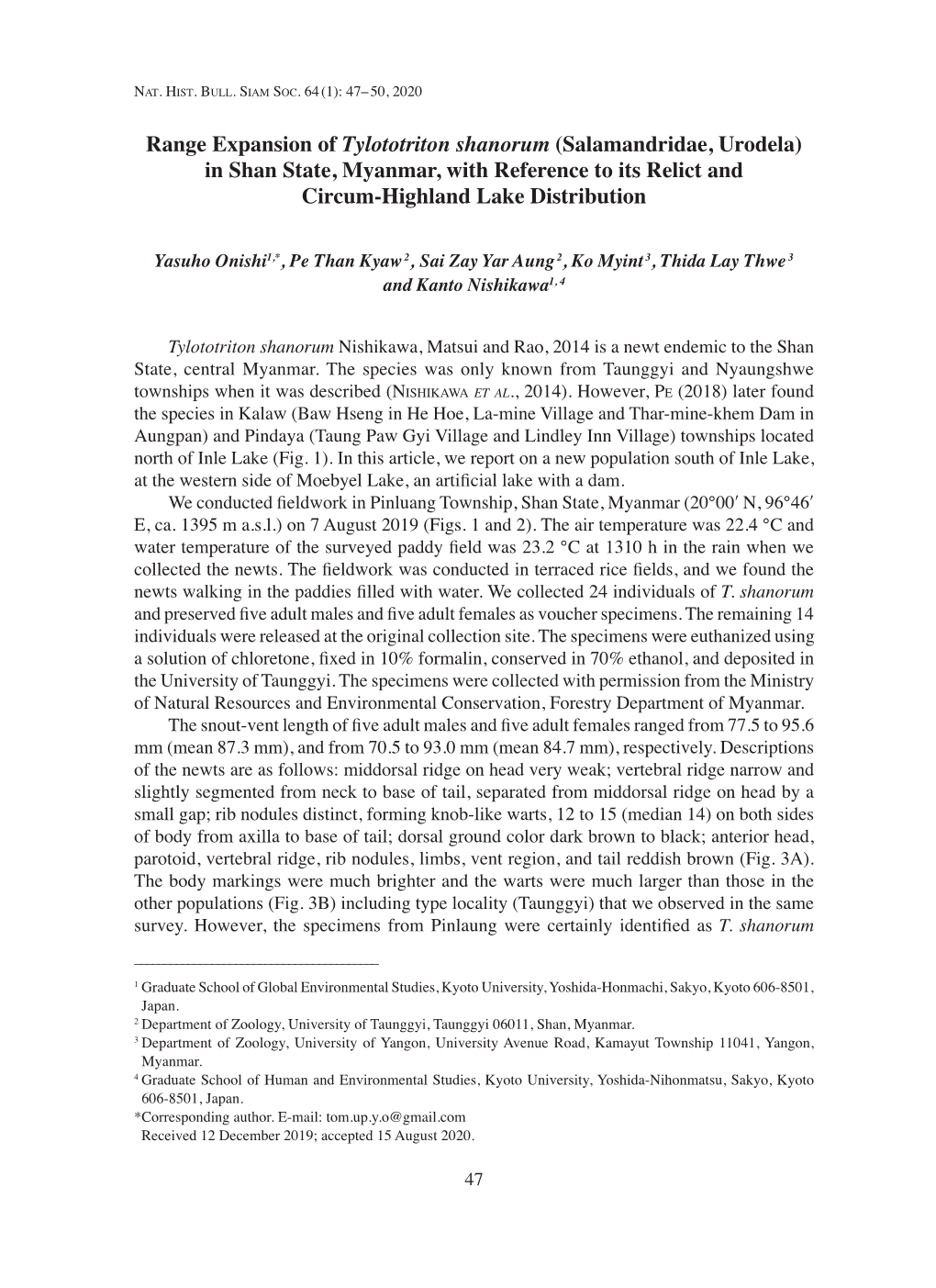 Range Expansion of Tylototriton Shanorum (Salamandridae, Urodela) in Shan State, Myanmar, with Reference to Its Relict and Circum-Highland Lake Distribution