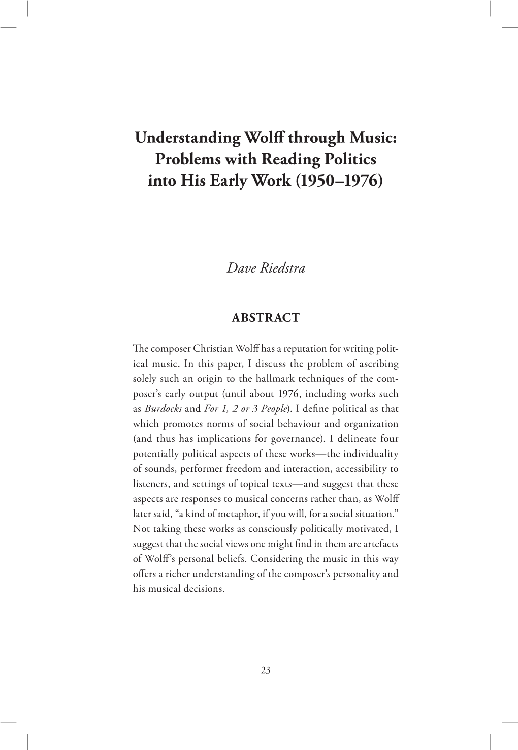Understanding Wolff Through Music: Problems with Reading Politics Into His Early Work (1950–1976)