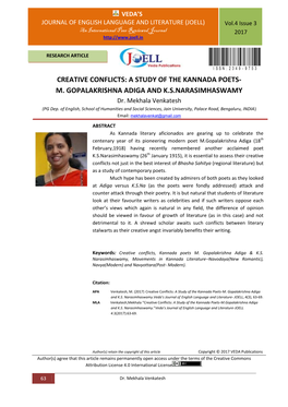 Creative Conflicts: a Study of the Kannada Poets- M