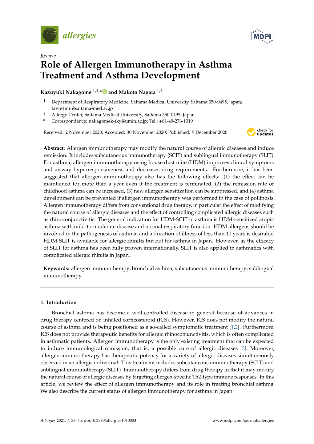 Role of Allergen Immunotherapy in Asthma Treatment and Asthma Development