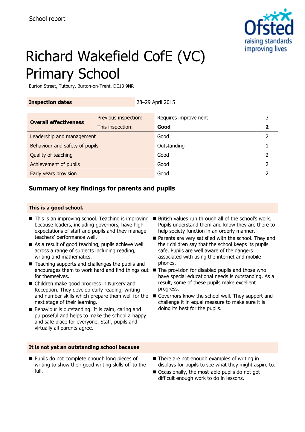 Richard Wakefield Cofe (VC) Primary School Burton Street, Tutbury, Burton-On-Trent, DE13 9NR