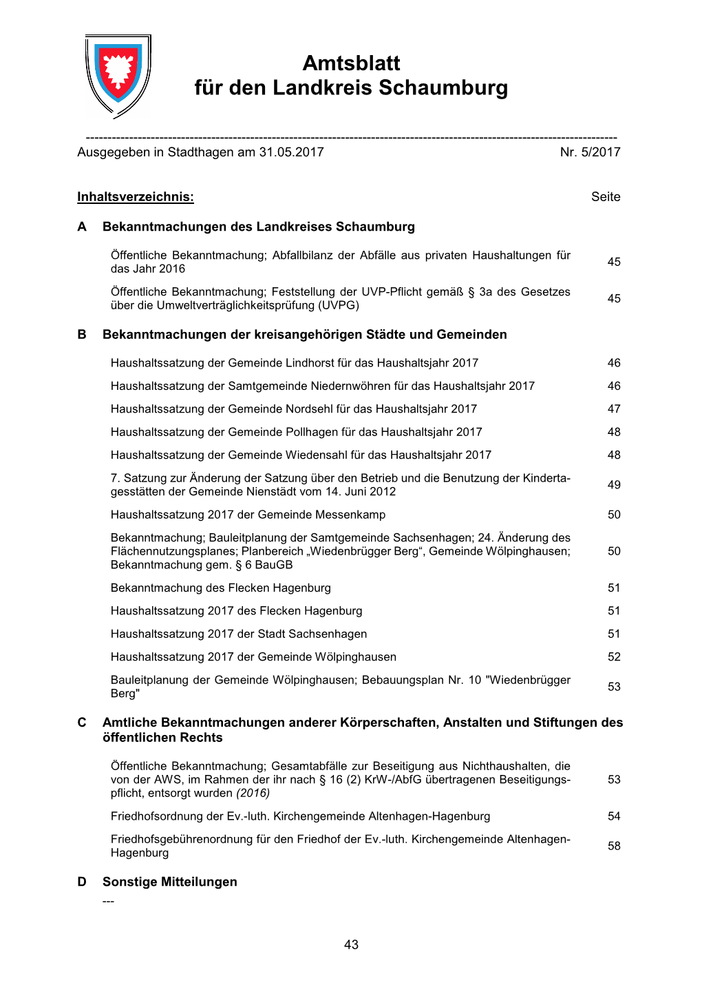 Amtsblatt Für Den Landkreis Schaumburg