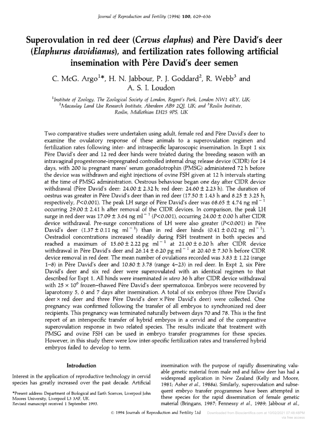 Elaphurus Davidianus), and Fertilization Rates Following Artificial Insemination with P\L=E`\Redavid's Deer Semen C