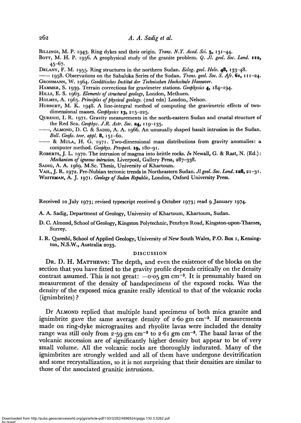 262 A. A. Sadig Et Al. BILLINGS, M. P. I943. Ring Dykes and Their Origin. Trans. N.Y. Acad. Sci. 5, 131-44 . BOTT, M. H. P. I956