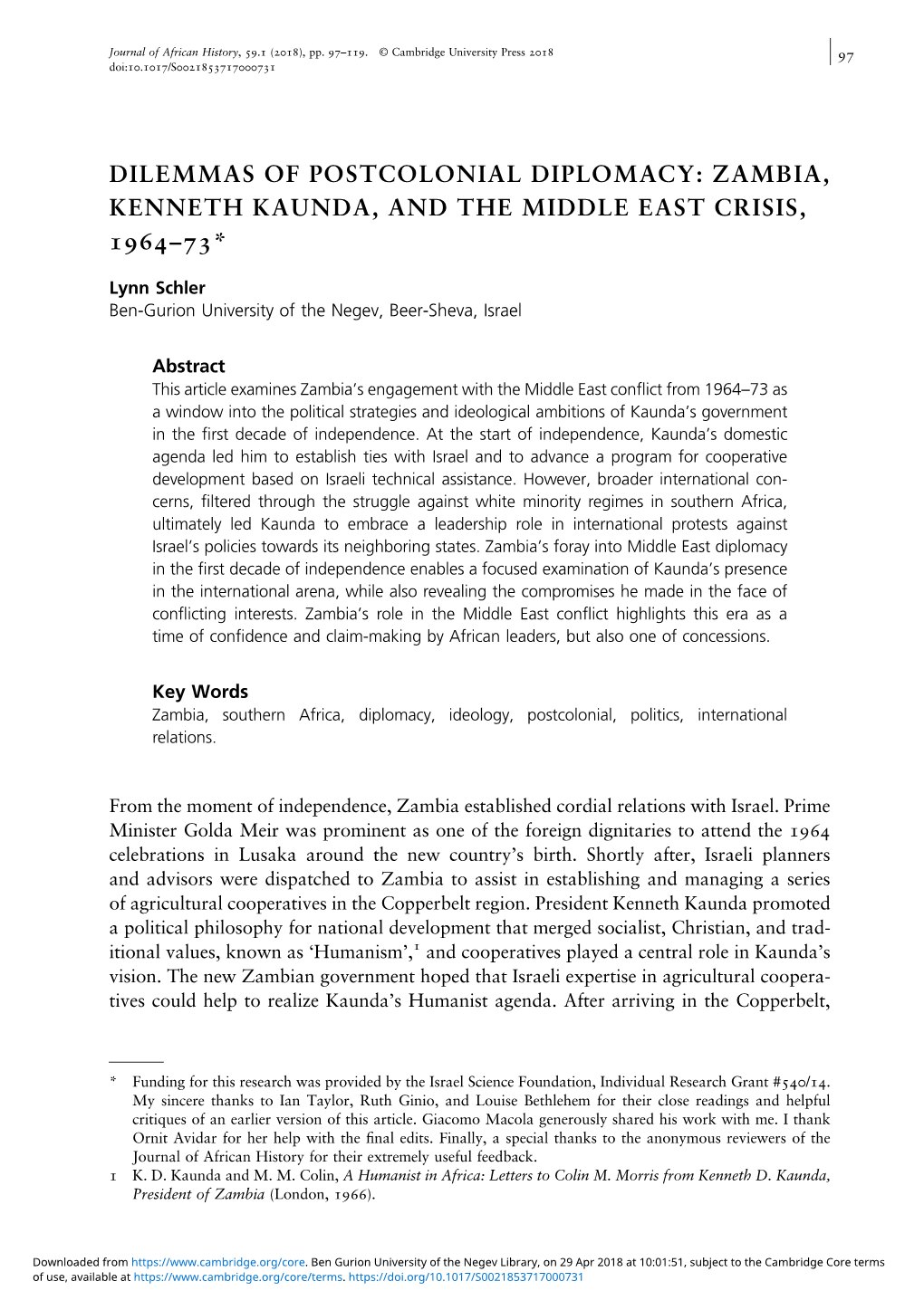 Dilemmas of Postcolonial Diplomacy: Zambia, Kenneth Kaunda, and the Middle East Crisis, –*