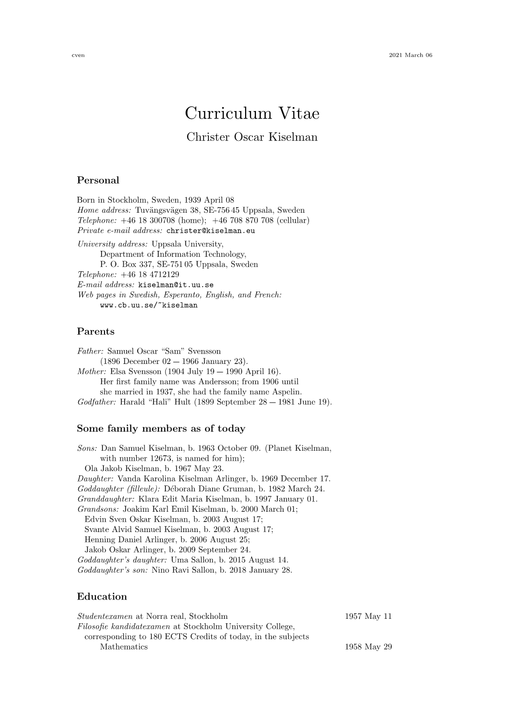 Curriculum Vitae Christer Oscar Kiselman