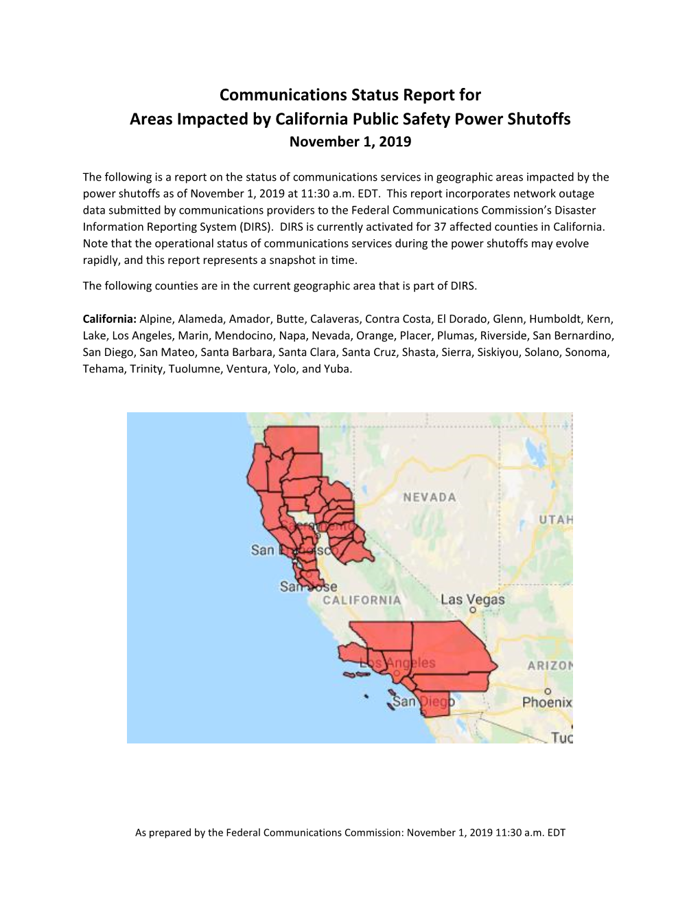 Communications Status Report for Areas Impacted by California Public Safety Power Shutoffs November 1, 2019