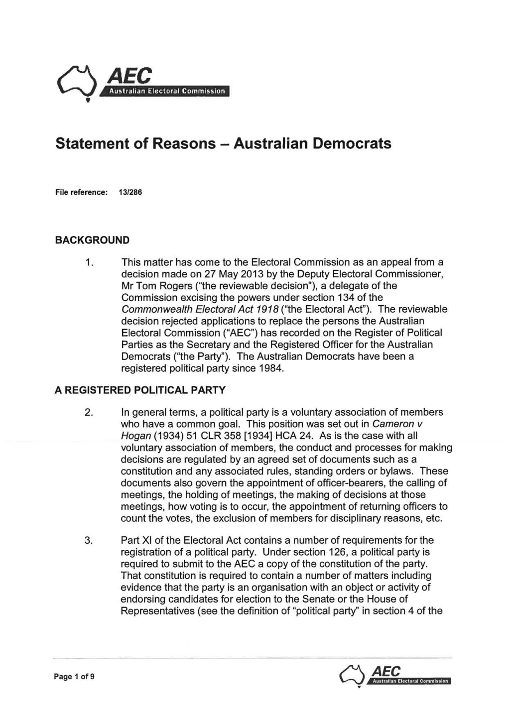 Statement of Reasons - Australian Democrats
