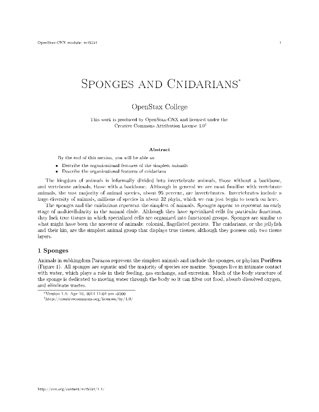 Sponges and Cnidarians∗