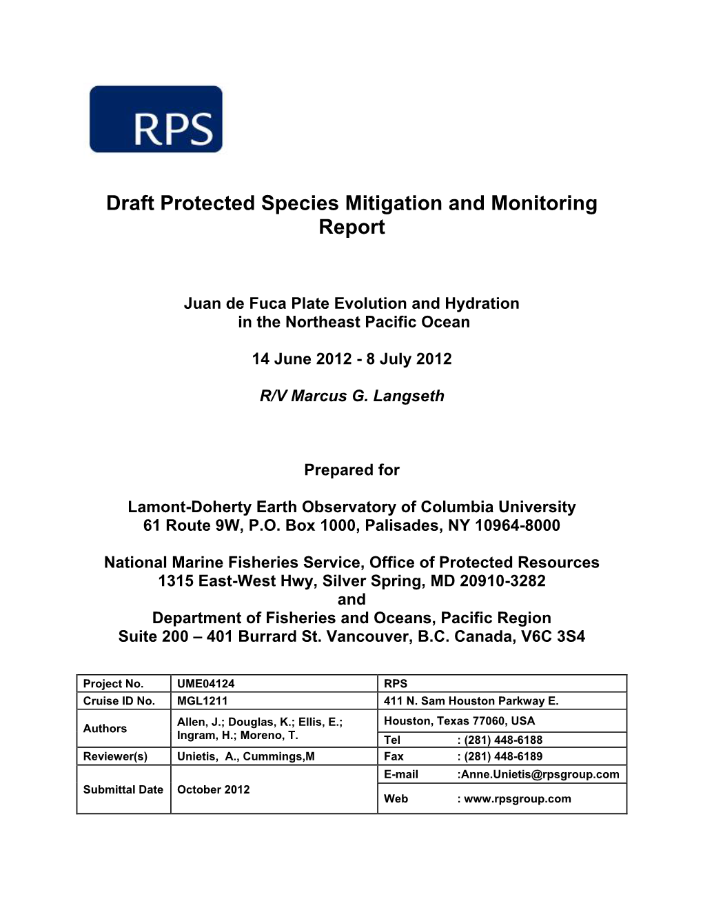 Draft Protected Species Mitigation and Monitoring Report: Juan De Fuca