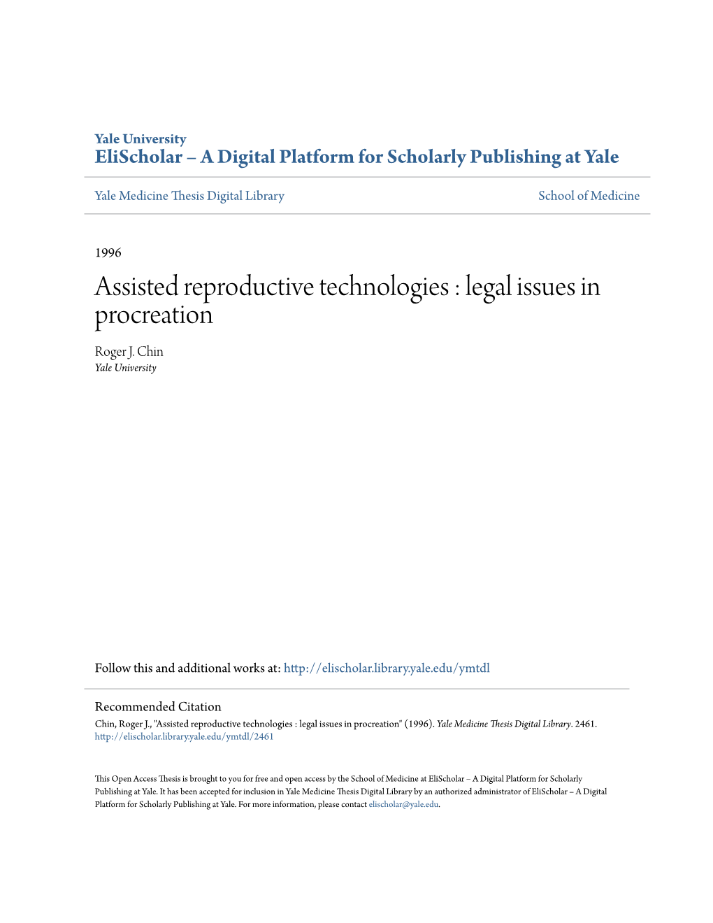 Assisted Reproductive Technologies : Legal Issues in Procreation Roger J