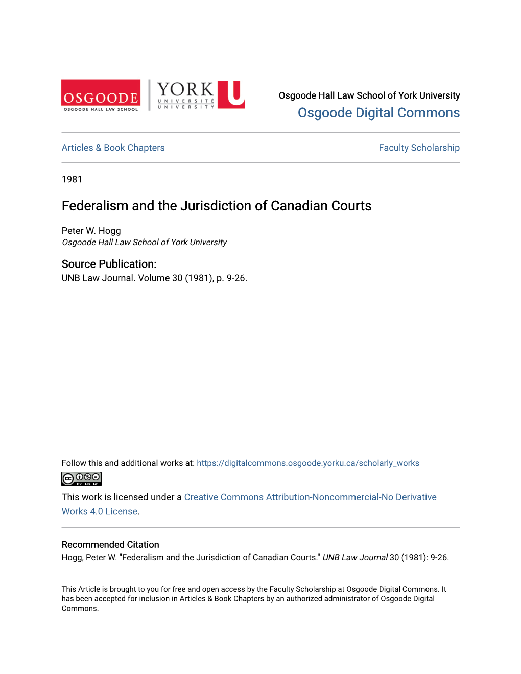 Federalism and the Jurisdiction of Canadian Courts