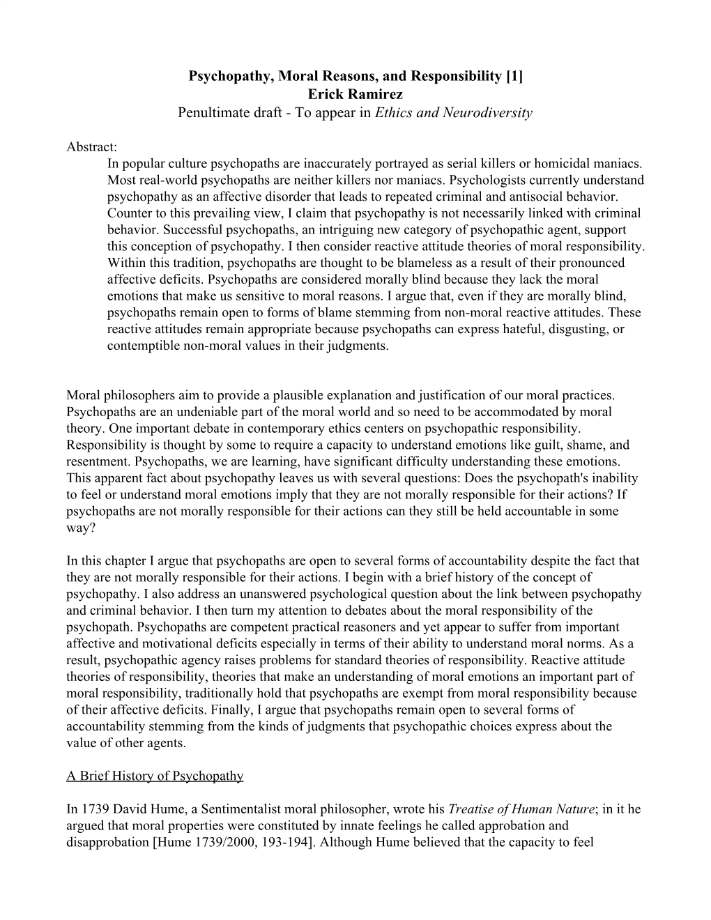Psychopathy, Moral Reasons, and Responsibility [1] Erick Ramirez Penultimate Draft - to Appear in Ethics and Neurodiversity ​