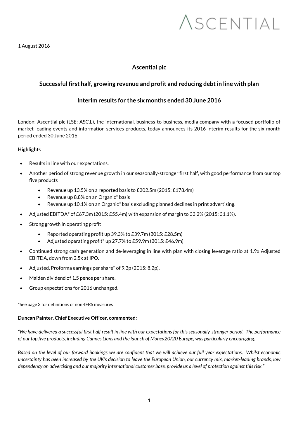 Ascential Plc Successful First Half, Growing Revenue and Profit And