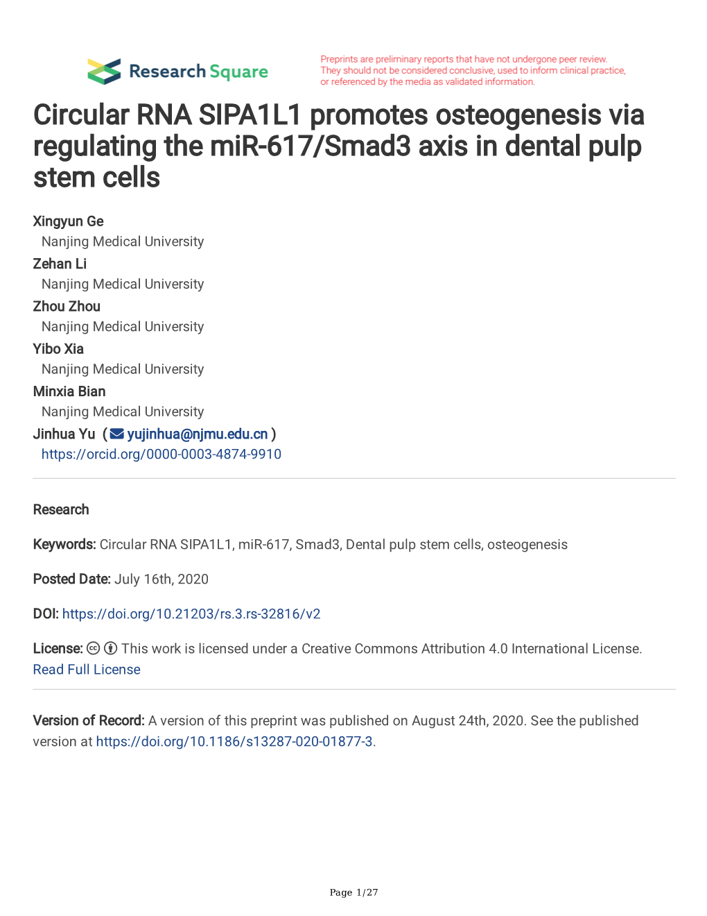 Circular RNA SIPA1L1 Promotes Osteogenesis Via Regulating the Mir-617/Smad3 Axis in Dental Pulp Stem Cells