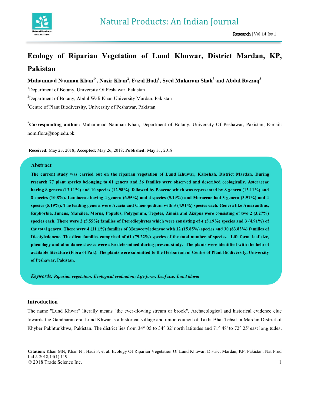 Ecology of Riparian Vegetation of Lund Khuwar, District Mardan, KP