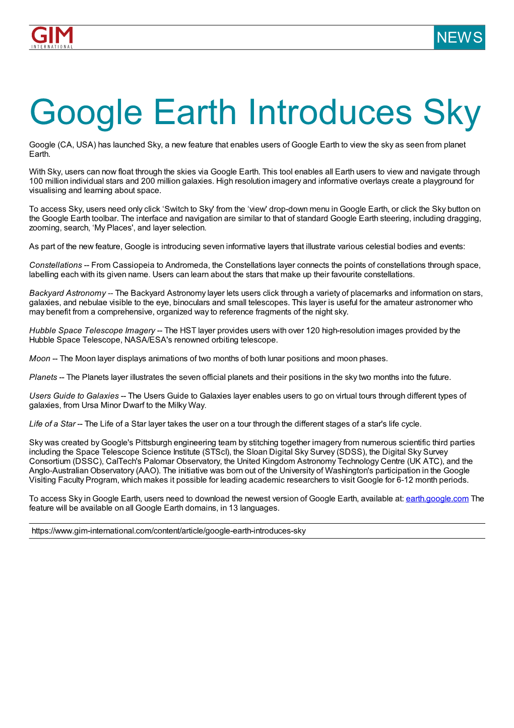 Google Earth Introduces Sky