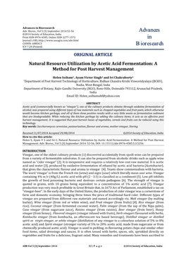 Natural Resource Utilization by Acetic Acid Fermentation: a Method for Post Harvest Management