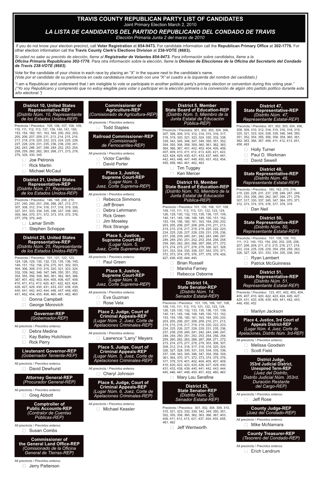 Travis County Republican Party List of Candidates La Lista De Candidatos Del Partido Republicano Del Condado De Travis