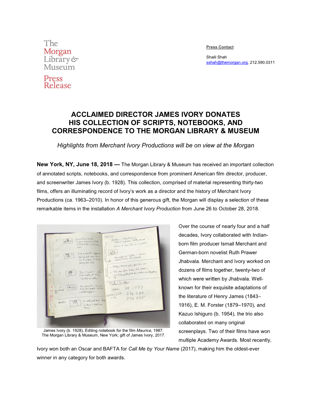 Acclaimed Director James Ivory Donates His Collection of Scripts, Notebooks, and Correspondence to the Morgan Library & Museum