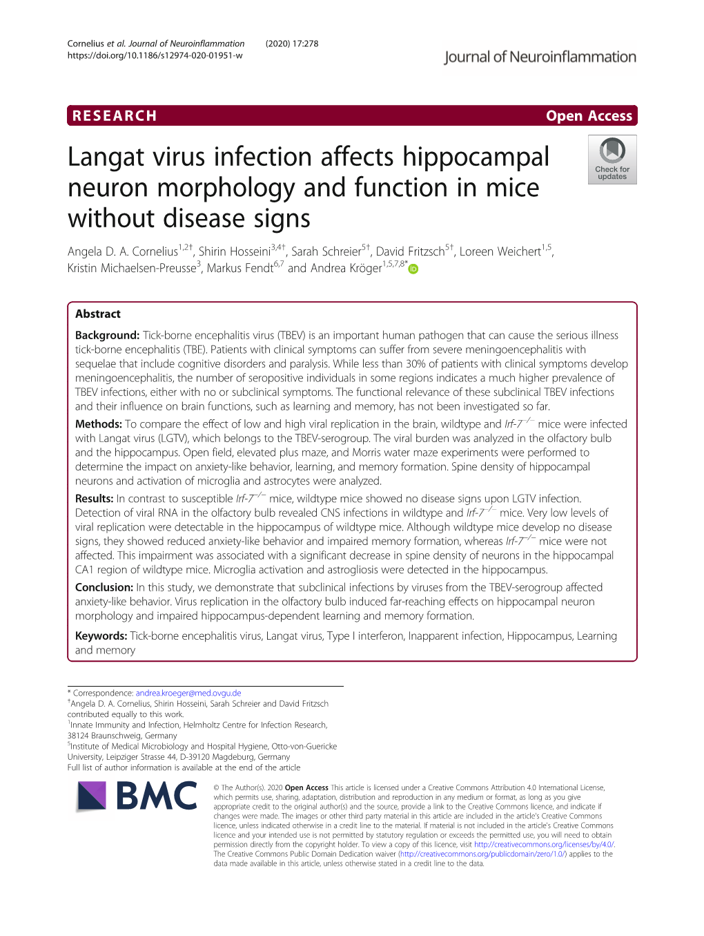 Langat Virus Infection Affects Hippocampal Neuron Morphology and Function in Mice Without Disease Signs Angela D