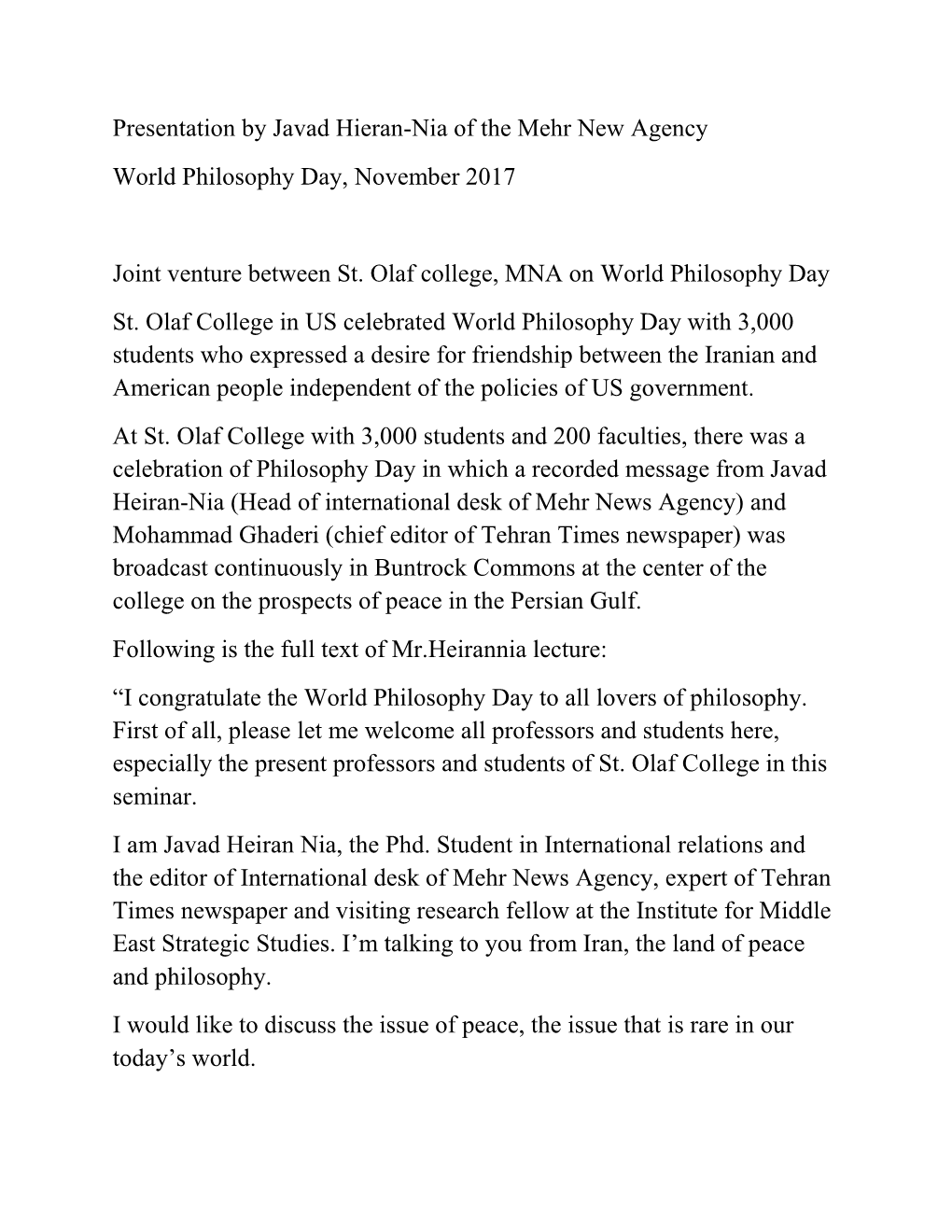 Presentation by Javad Hieran-Nia of the Mehr New Agency World Philosophy Day, November 2017