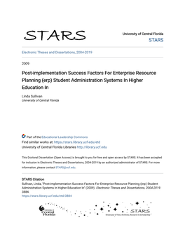 Post-Implementation Success Factors for Enterprise Resource Planning (Erp) Student Administration Systems in Higher Education In