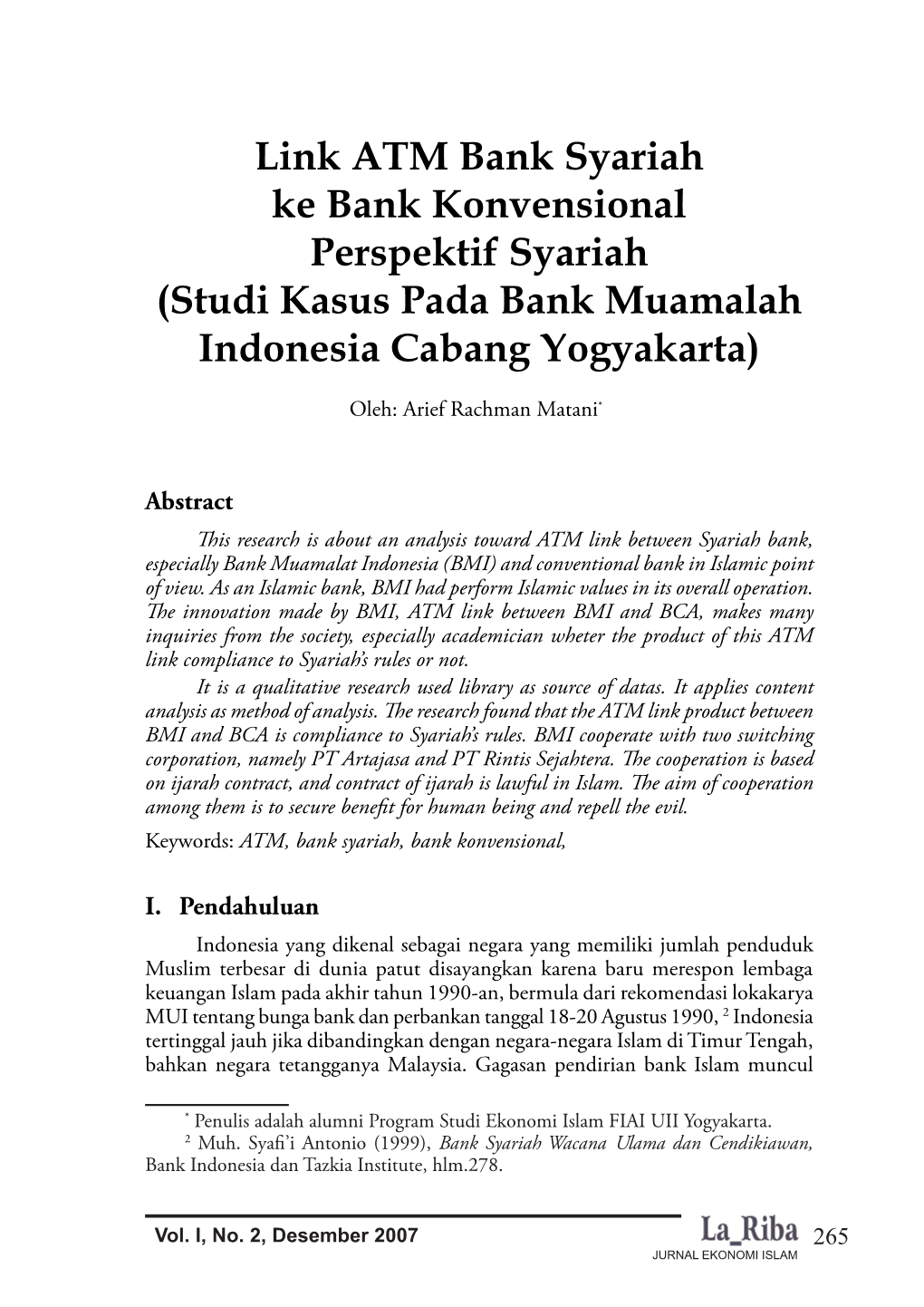Link ATM Bank Syariah Ke Bank Konvensional Perspektif Syariah (Studi Kasus Pada Bank Muamalah Indonesia Cabang Yogyakarta)