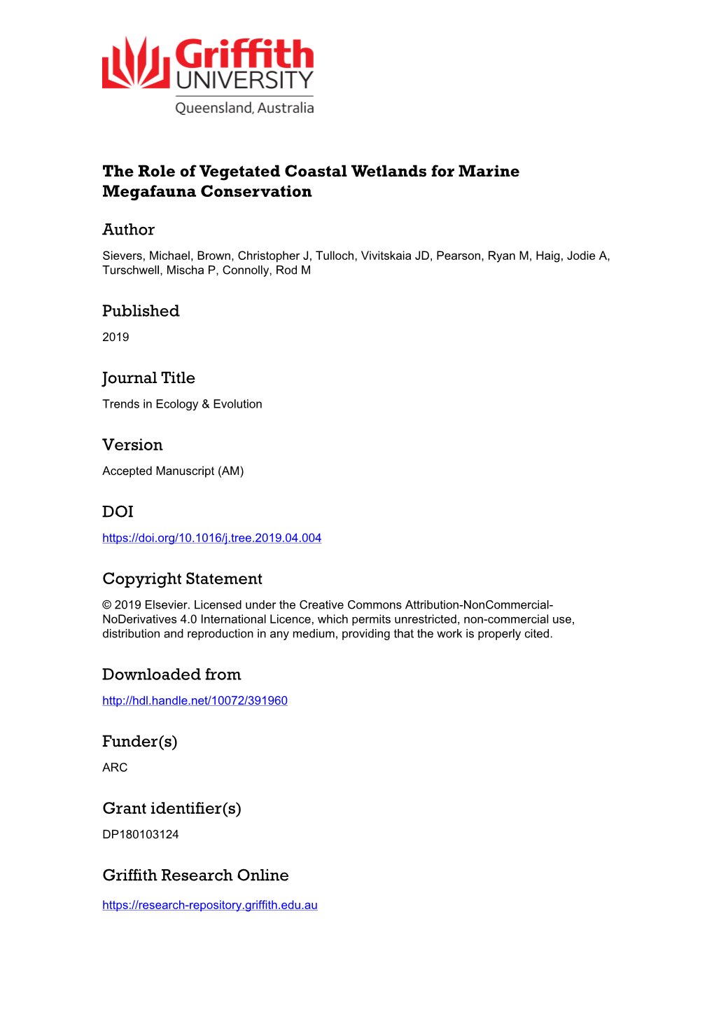 The Role of Vegetated Coastal Wetlands for Marine Megafauna Conservation Michael Sievers1, Christopher J Brown2, Vivitskaia JD T