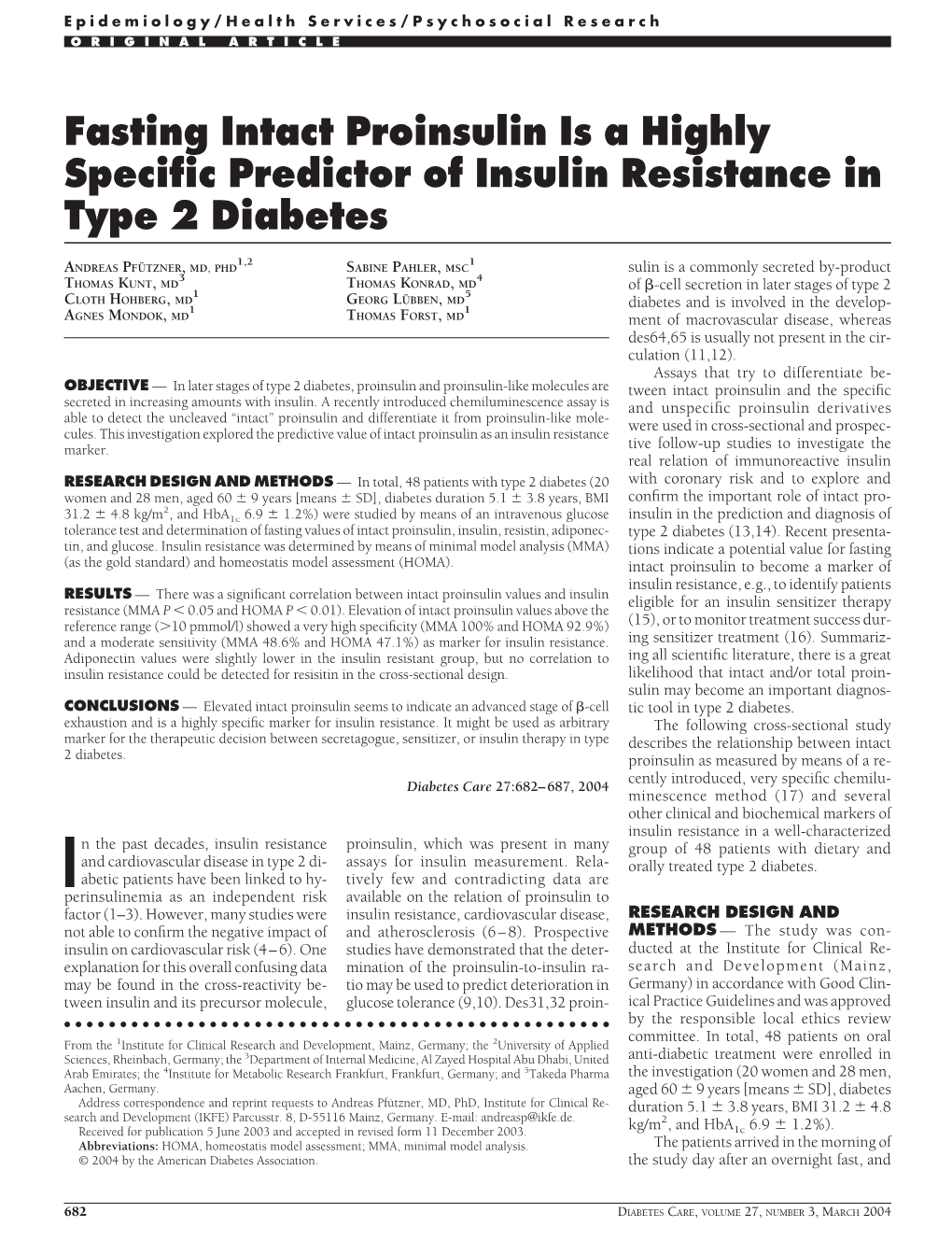 Fasting Intact Proinsulin Is a Highly Specific Predictor of Insulin