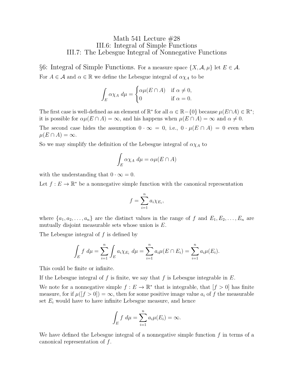 The Lebesgue Integral of Nonnegative Functions