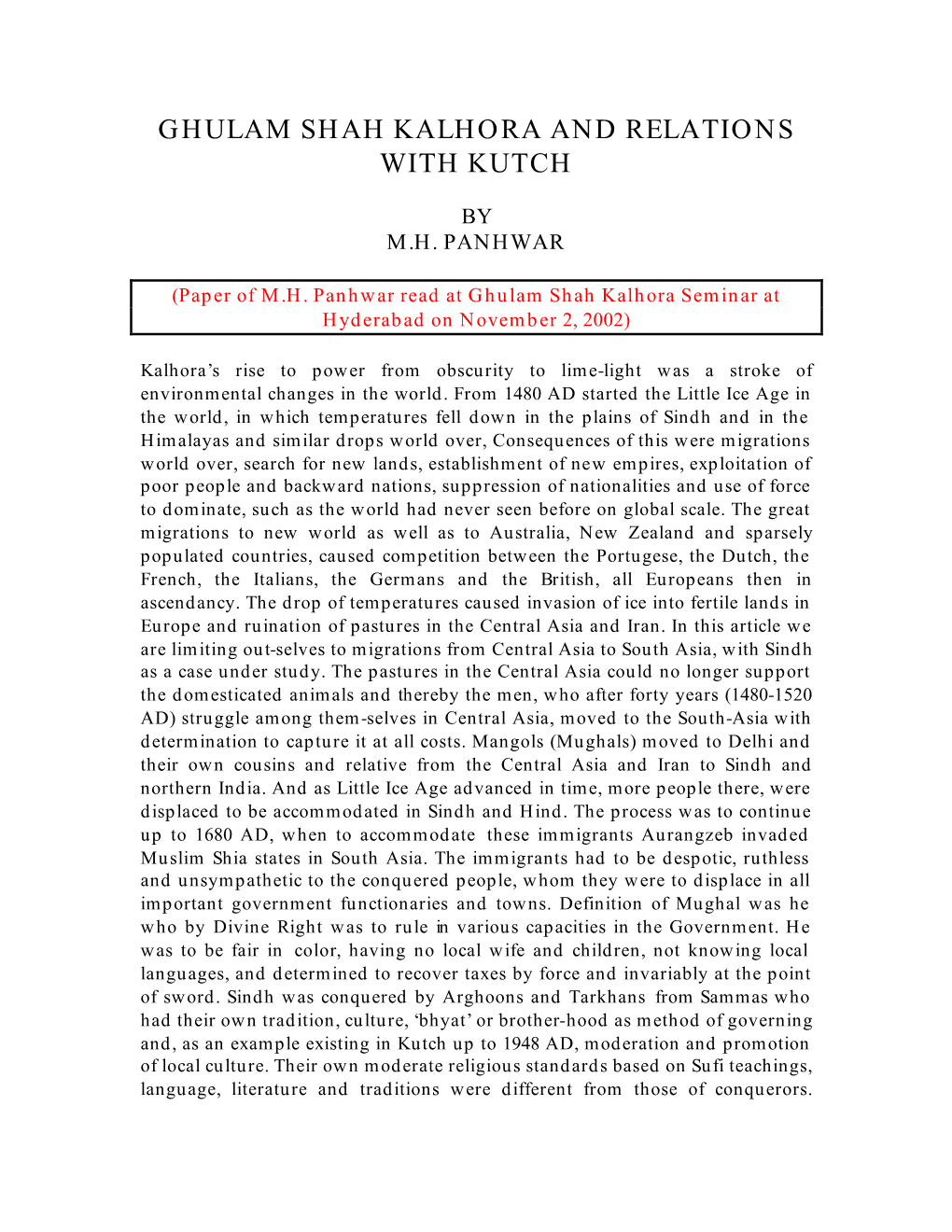 Ghulam Shah Kalhora and Relations with Kutch