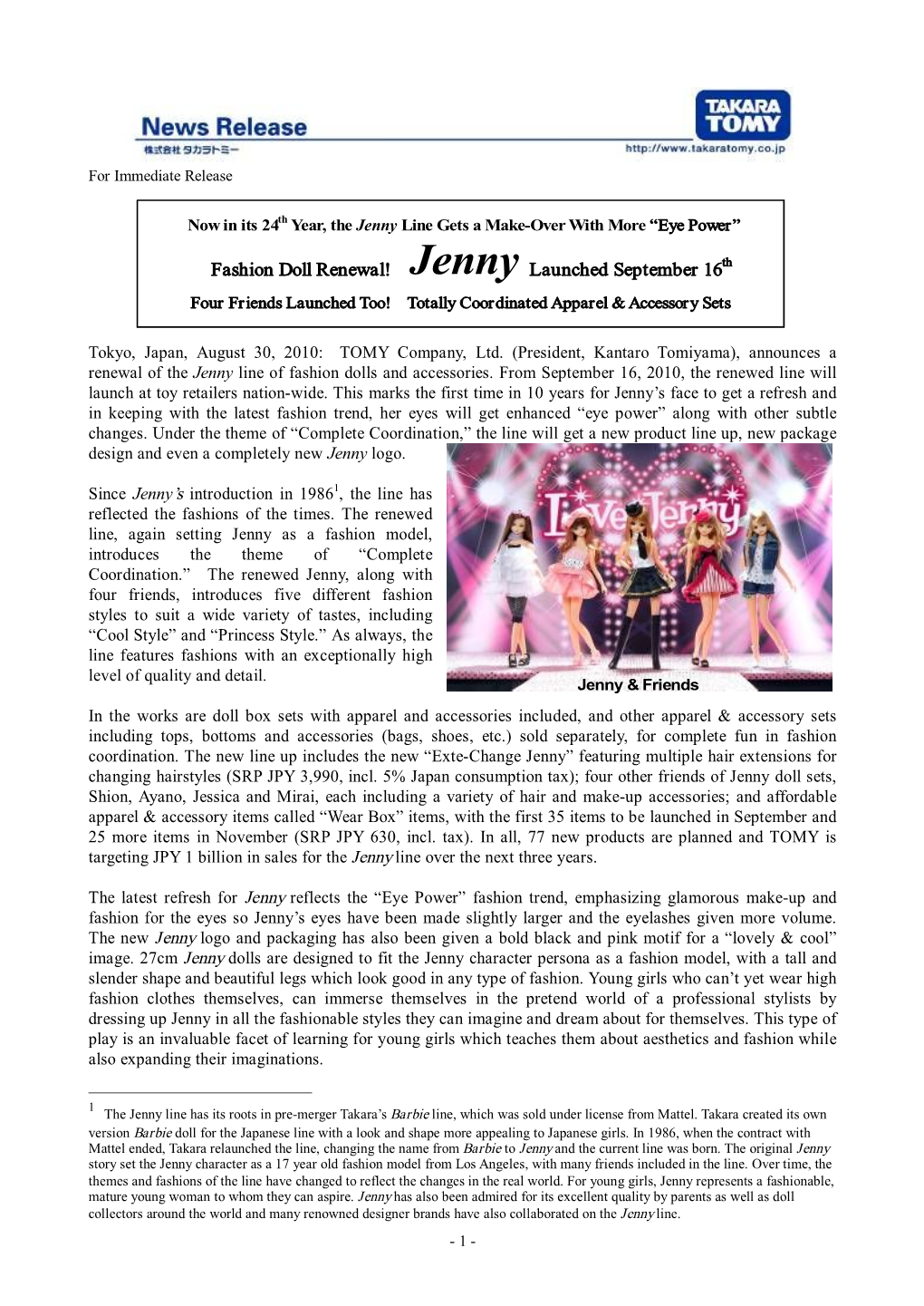 Fashion Doll Renewal! Jenny Launched September 16Th